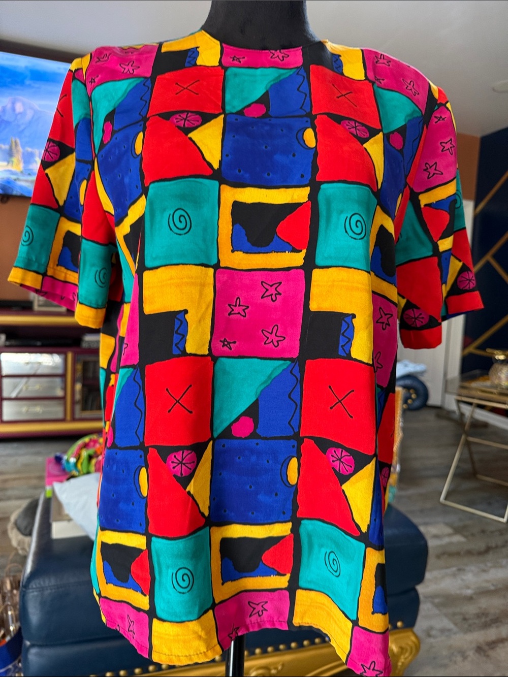 Lord & Taylor Multicolor Geometric Patchwork Short Sleeve Tee